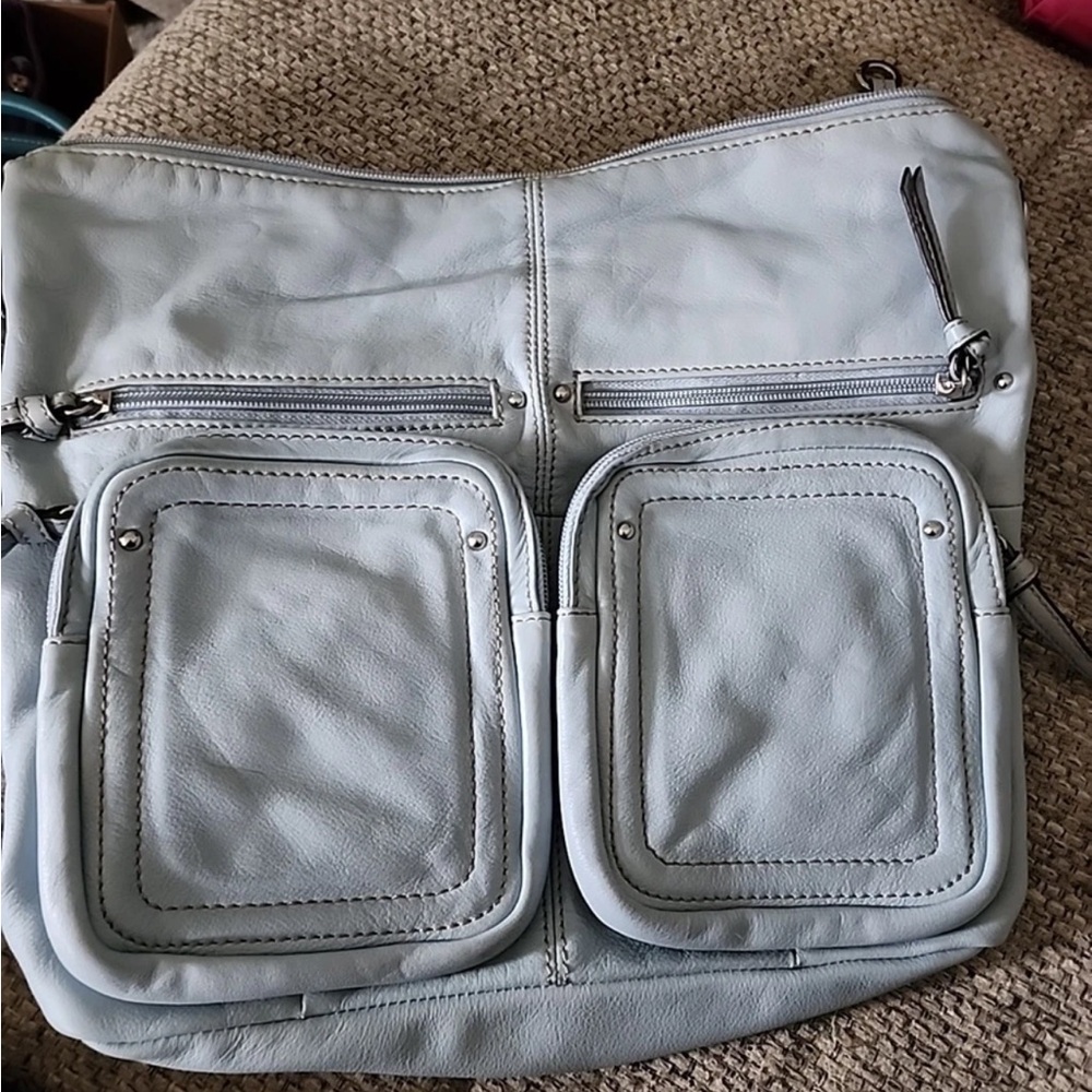 Tignanello Womens Real Leather Light Grayish Large Shoulder Bag